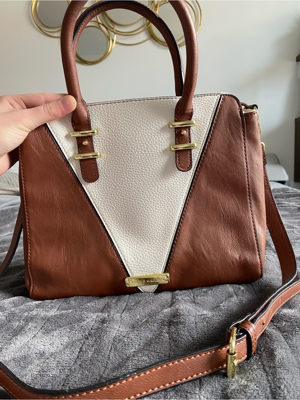 Steve Madden Colorblock Satchel Handbag in Tan and Cream with Removable Strap